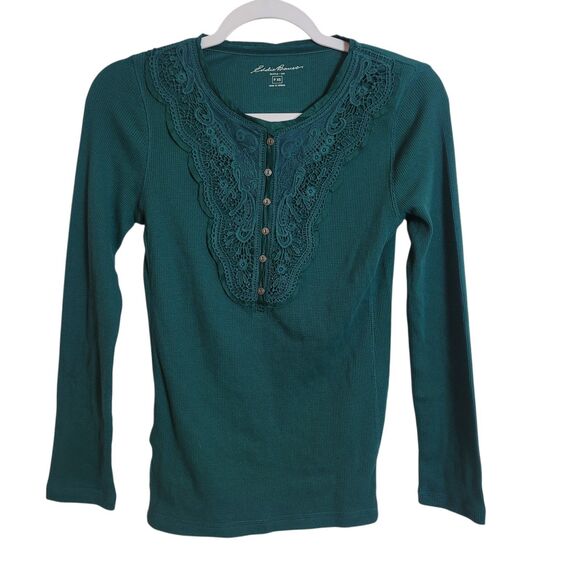 Eddie Bauer Lace Embellished Thermal Henley Women's P XS Green Holiday Christmas - Picture 1 of 9